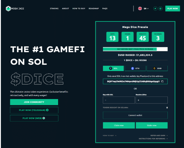 Mega Dice GameFi Projesi Token ICO'sunda 1,6 Milyon Dolara Ulaştı