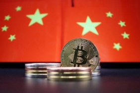 Illustration picture of China flags and Bitcoin cryptocurrency