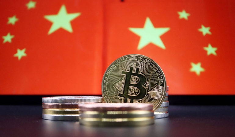 Illustration picture of China flags and Bitcoin cryptocurrency